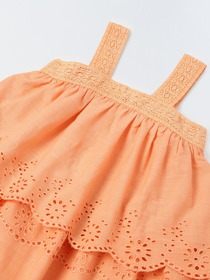 Peach Quartz Cotton Schiffli Dress For Girls