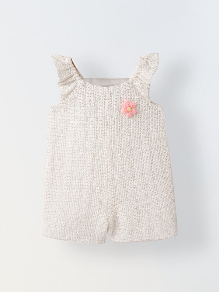 Infant Girls' White Crochet Cotton Ruffled Sleeve Romper