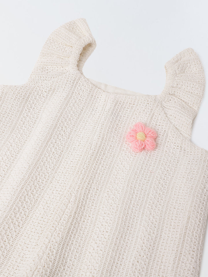 Infant Girls' White Crochet Cotton Ruffled Sleeve Romper