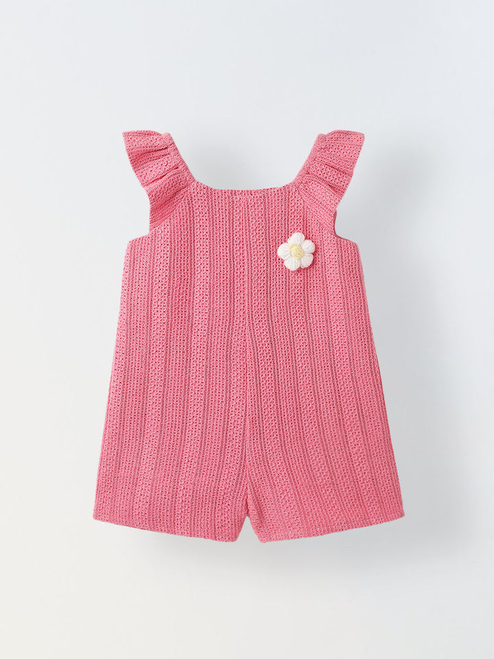 Infant Girls' Pink Crochet Cotton Ruffled Sleeve Romper