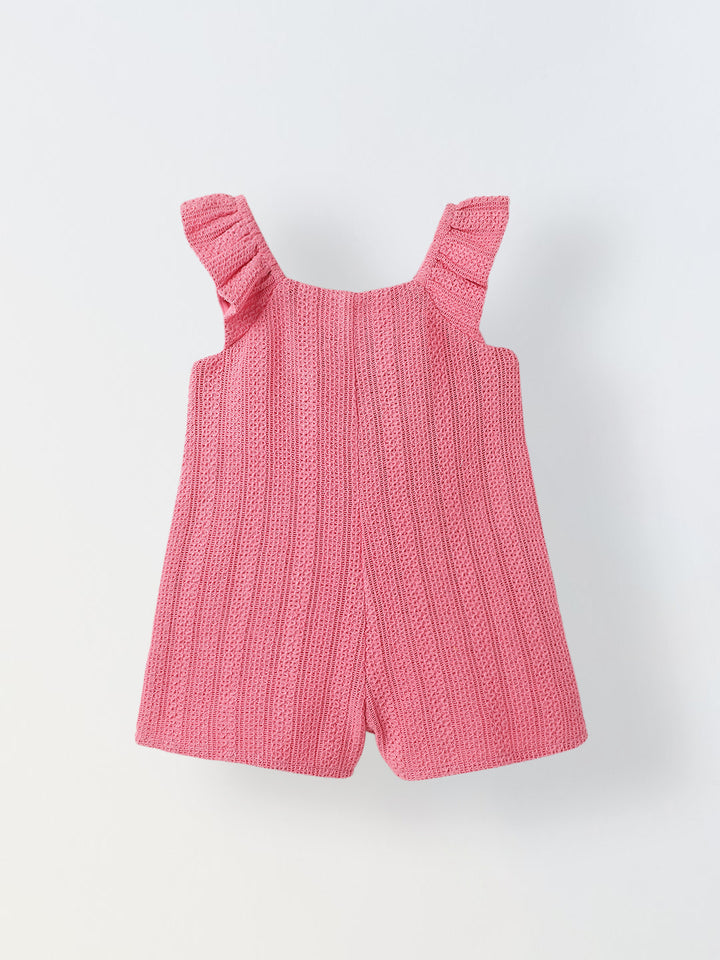 Infant Girls' Pink Crochet Cotton Ruffled Sleeve Romper