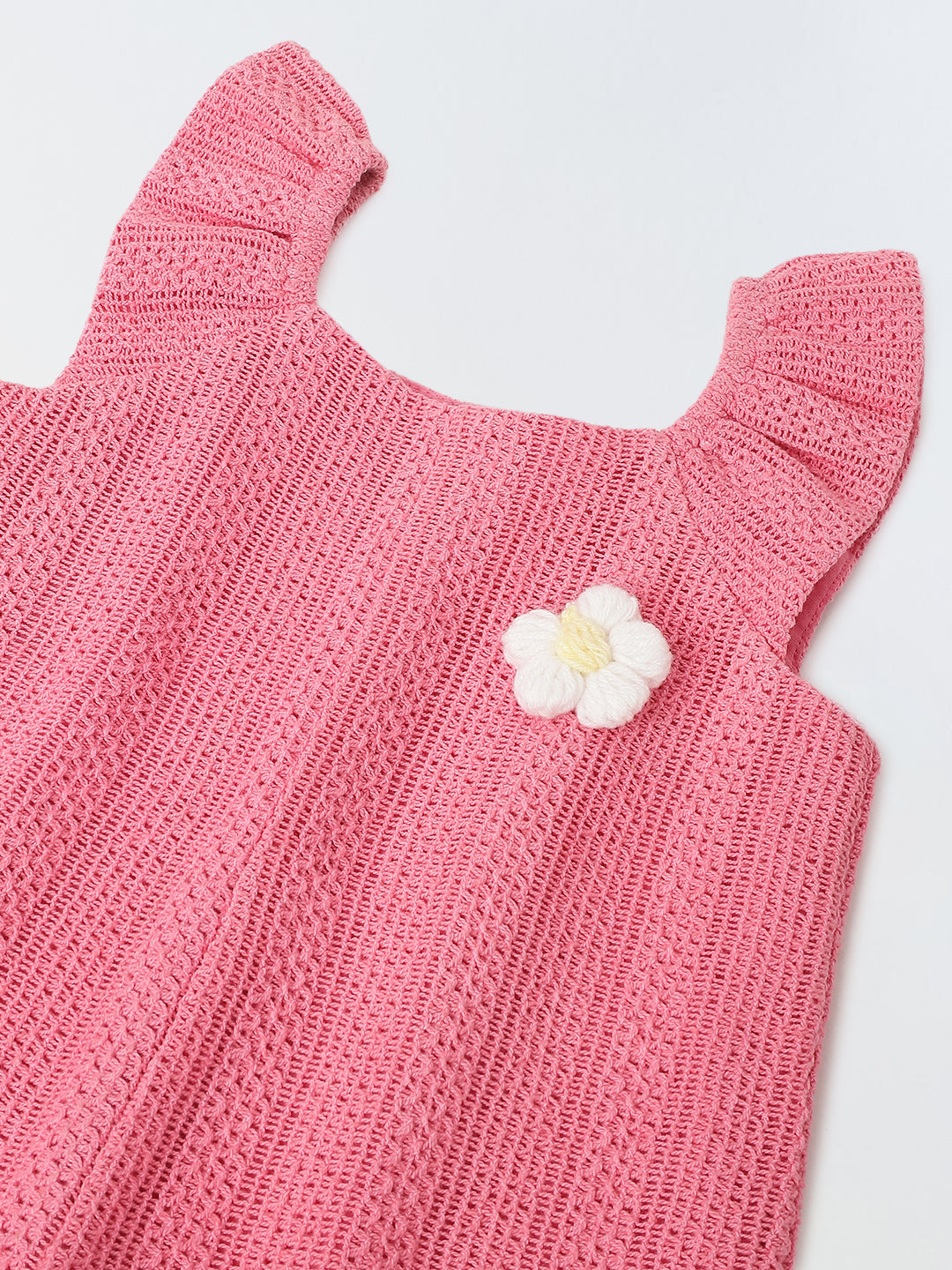 Infant Girls' Pink Crochet Cotton Ruffled Sleeve Romper
