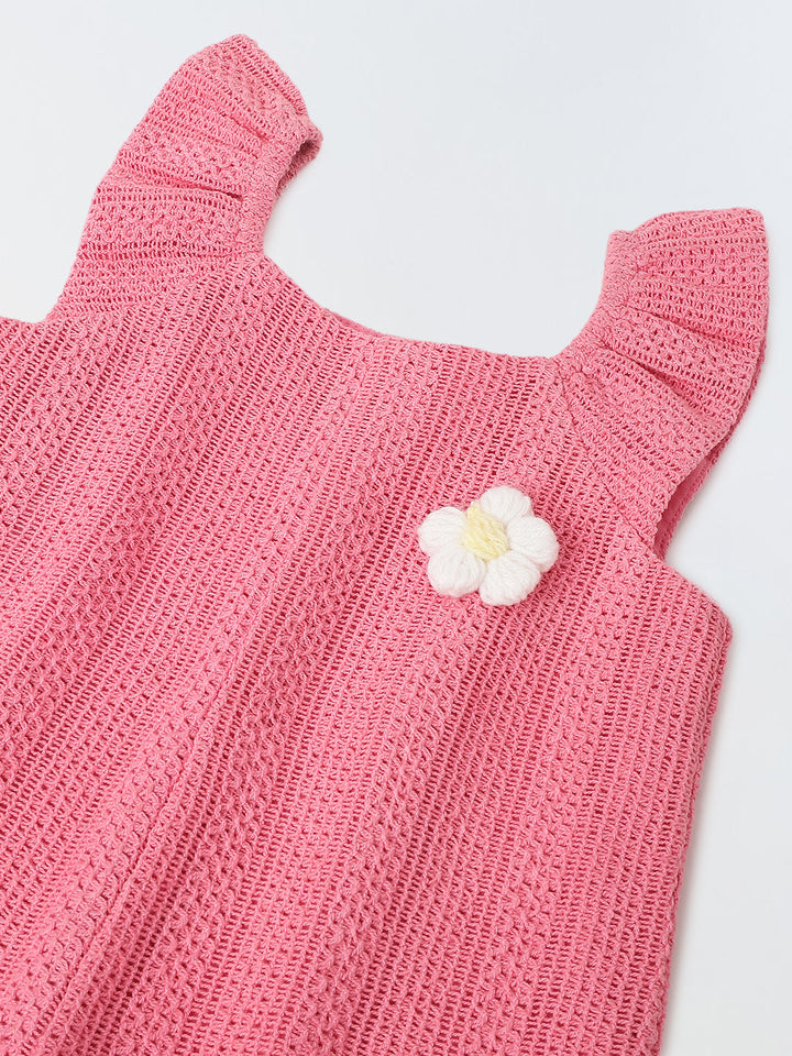 Infant Girls' Pink Crochet Cotton Ruffled Sleeve Romper