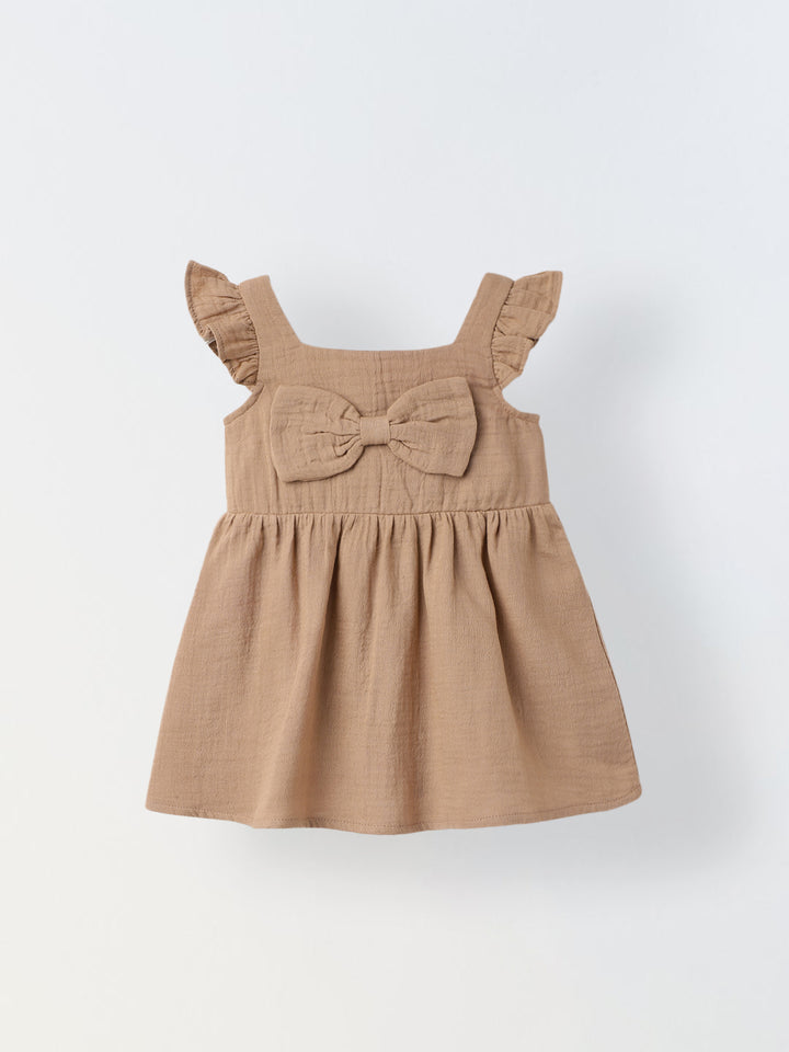 Infant Girls' Ruffled Sleeve Bow-Front Cotton Dress with Bloomer