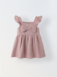 Infant Girls Ruffled Sleeve Bow Front Cotton Dress