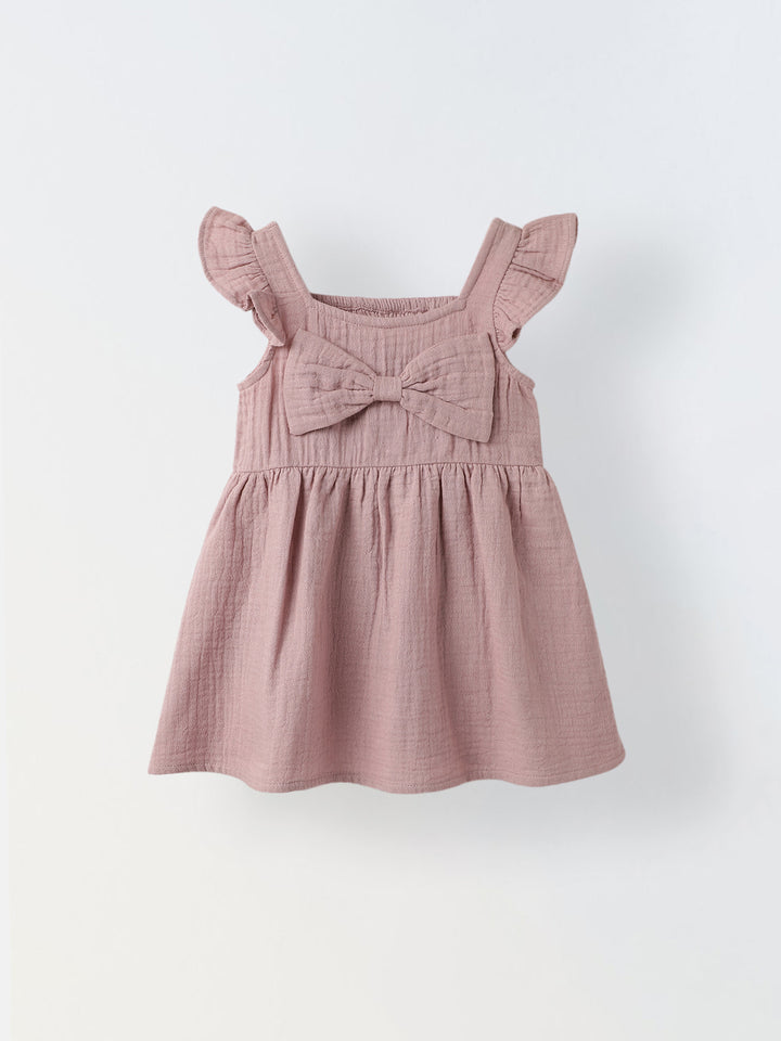 Infant Girls' Ruffled Sleeve Bow-Front Cotton Dress With Bloomer