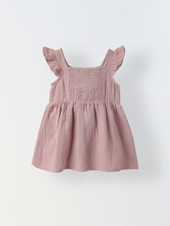 Infant Girls' Ruffled Sleeve Bow-Front Cotton Dress With Bloomer