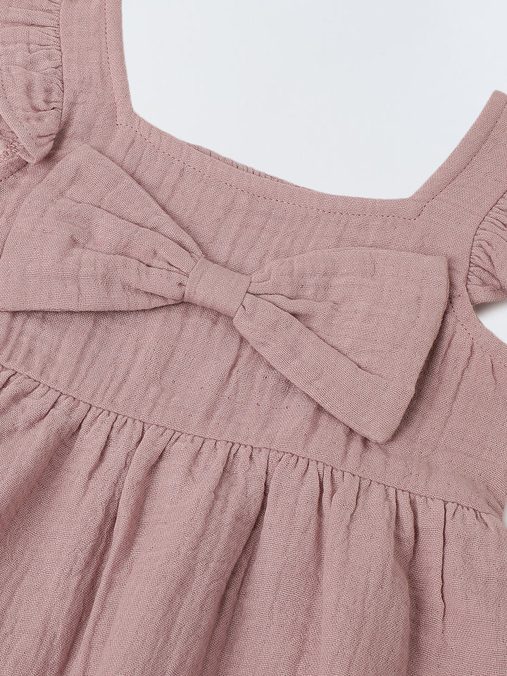 Infant Girls' Ruffled Sleeve Bow-Front Cotton Dress With Bloomer