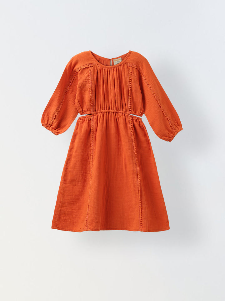 Orange Cotton Round Neck Solid Dress For Girls