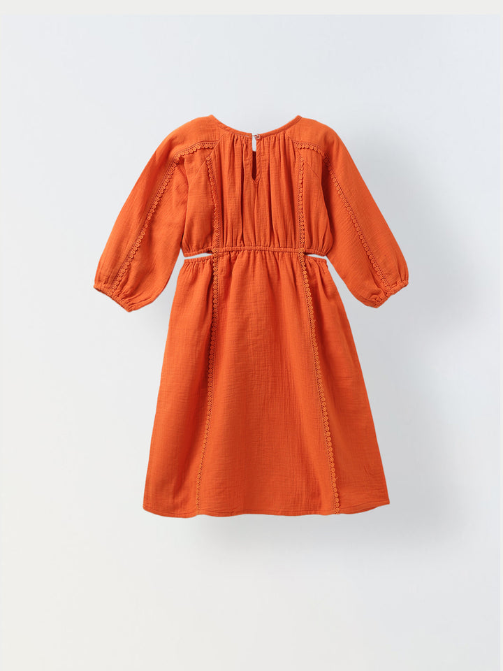 Orange Cotton Round Neck Solid Dress For Girls