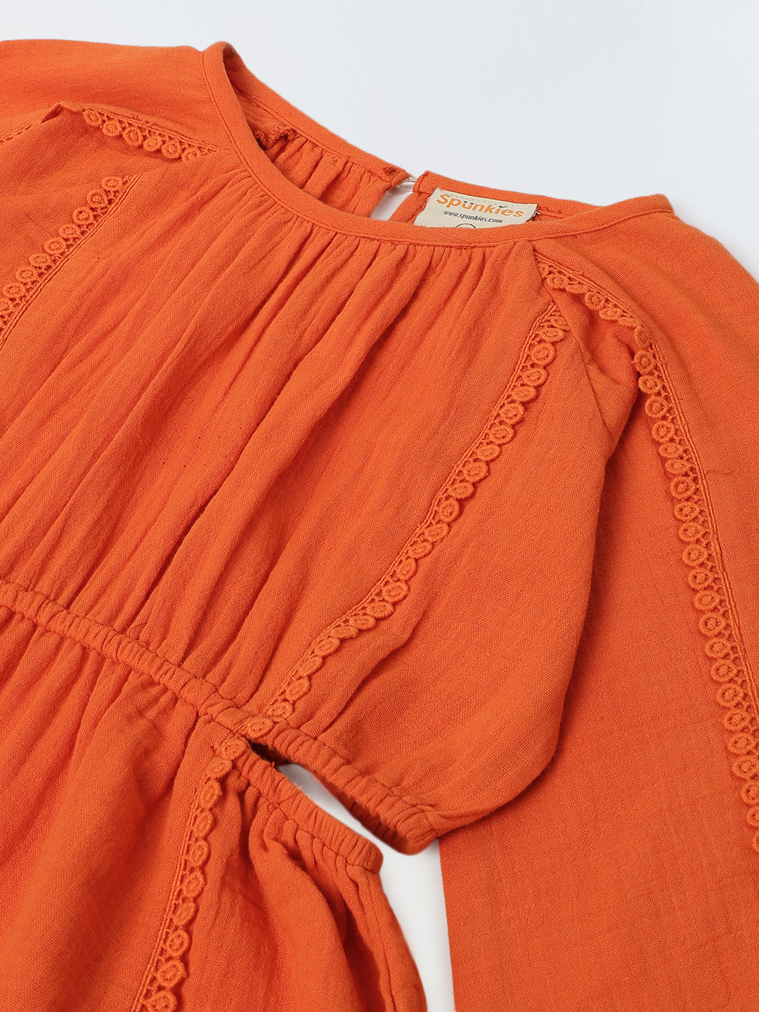 Orange Cotton Round Neck Solid Dress For Girls