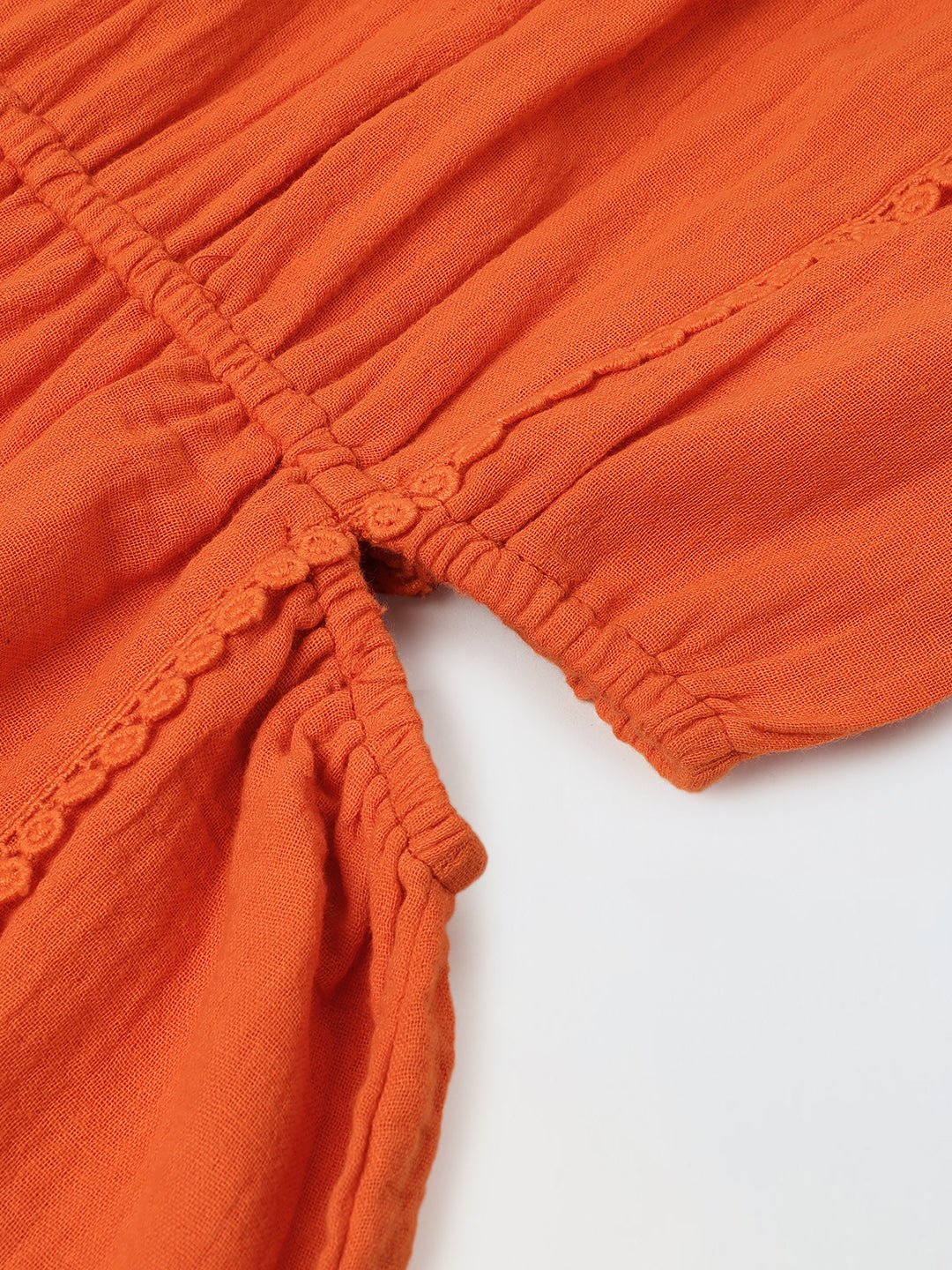 Orange Cotton Round Neck Solid Dress For Girls