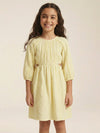 Yellow Cotton Round Neck Solid Dress For Girls