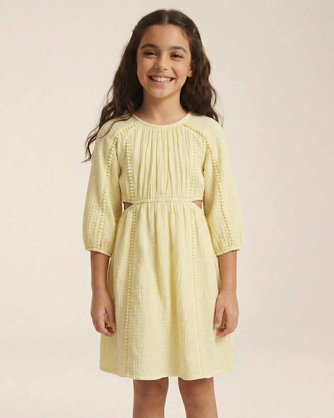 Yellow Cotton Round Neck Solid Dress For Girls