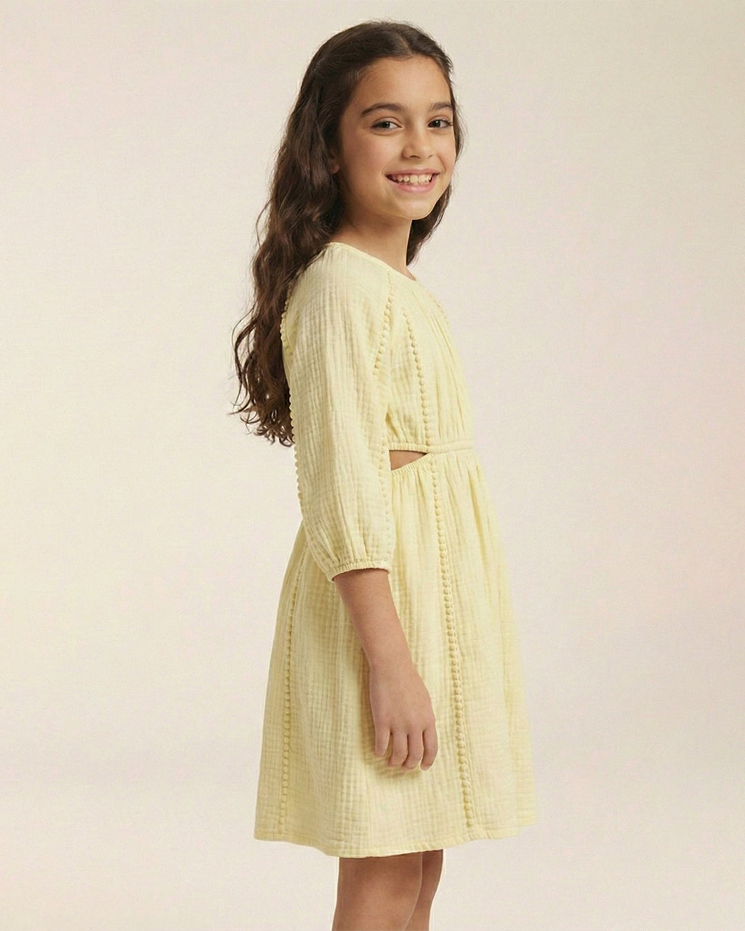 Yellow Cotton Round Neck Solid Dress For Girls