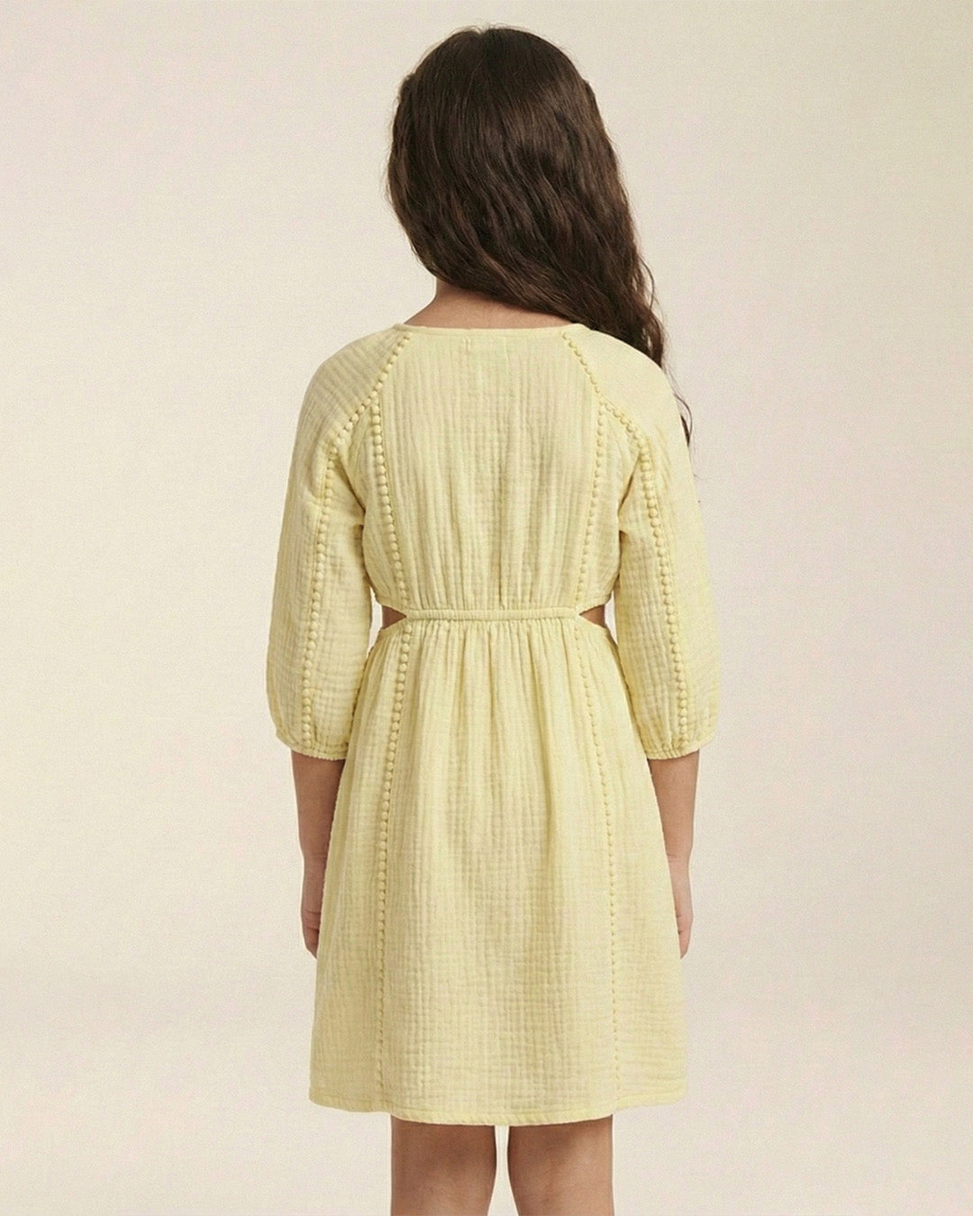 Yellow Cotton Round Neck Solid Dress For Girls