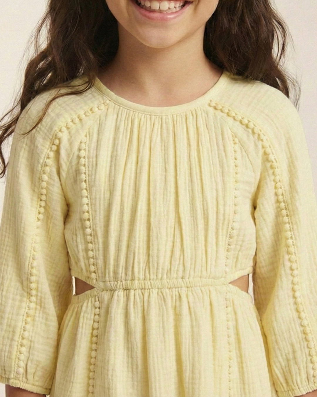Yellow Cotton Round Neck Solid Dress For Girls
