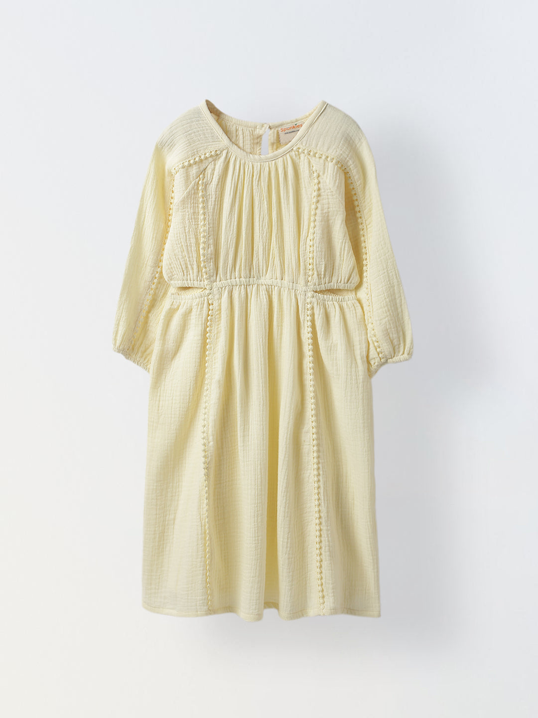 Yellow Cotton Round Neck Solid Dress For Girls