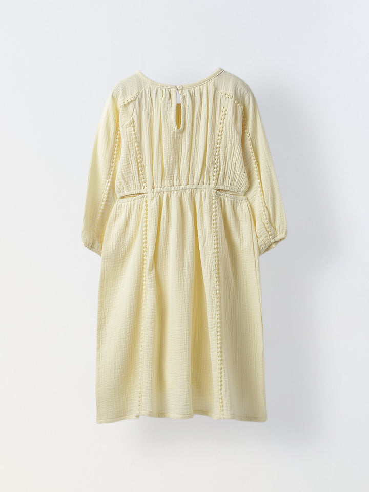 Yellow Cotton Round Neck Solid Dress For Girls