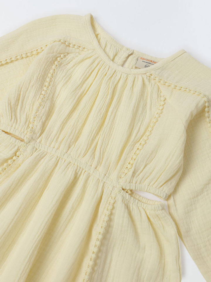 Yellow Cotton Round Neck Solid Dress For Girls