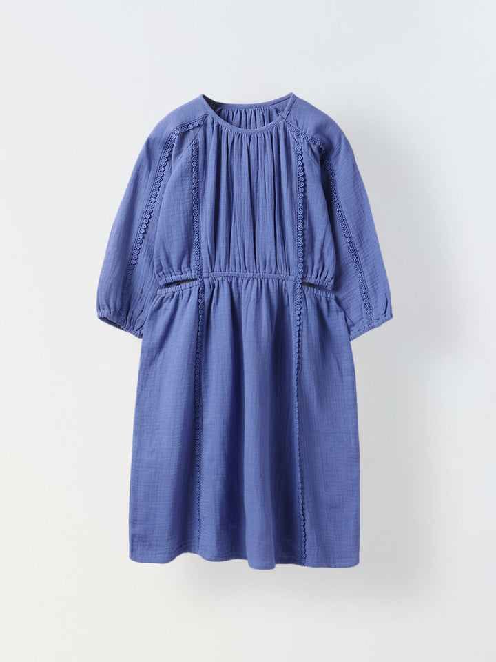 Blue Cotton Round Neck Solid Dress For Girls