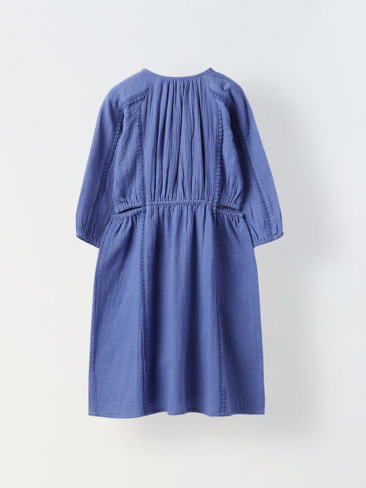 Blue Cotton Round Neck Solid Dress For Girls