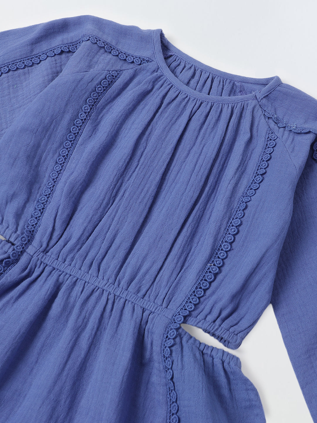 Blue Cotton Round Neck Solid Dress For Girls