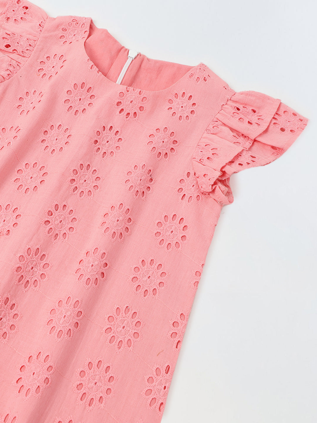 Pink Cotton Schiffli Dress For Girls