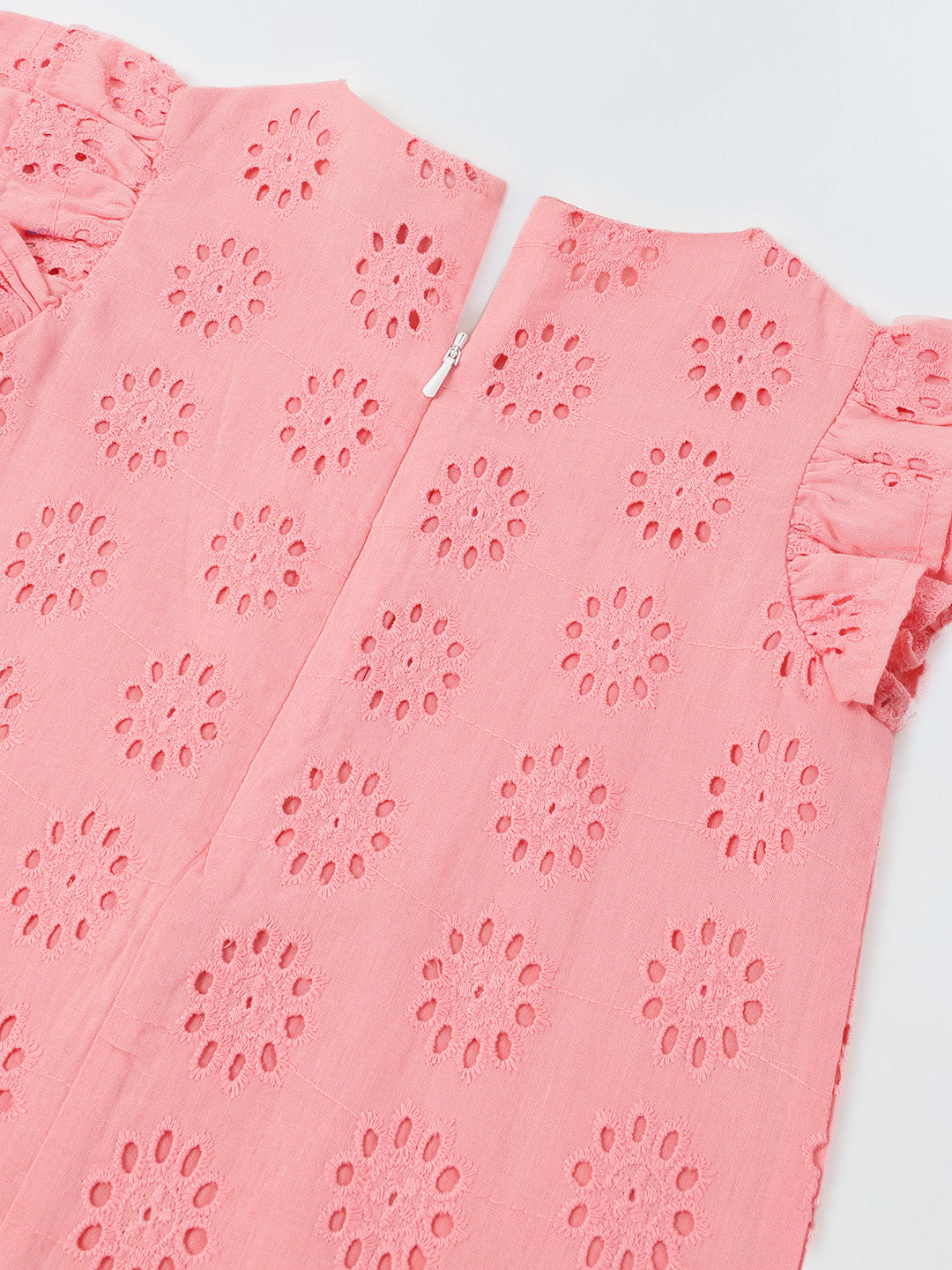 Pink Cotton Schiffli Dress For Girls