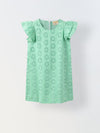 Green Cotton Schiffli Dress For Girls