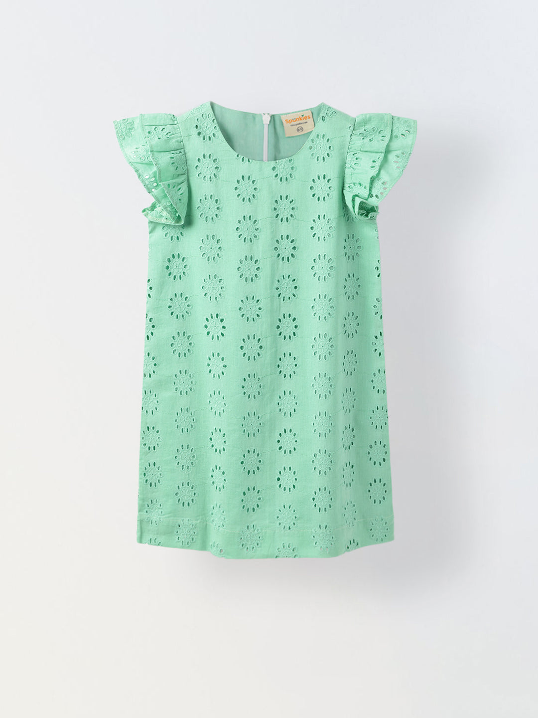 Green Cotton Schiffli Dress For Girls