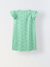 Green Cotton Schiffli Dress For Girls