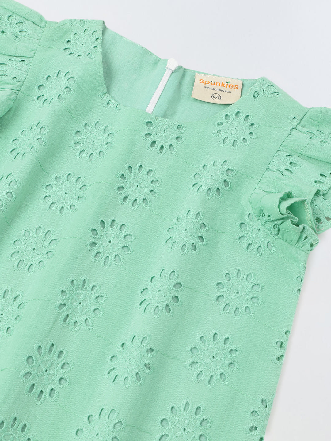 Green Cotton Schiffli Dress For Girls Spunkies Green Cotton Schiffli Dress For Girls Spunkies