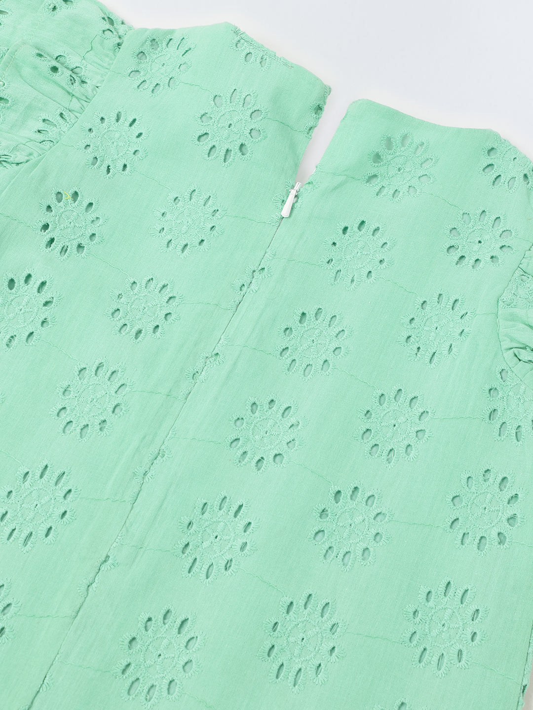 Green Cotton Schiffli Dress For Girls