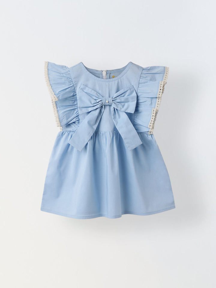 Infant Girls' Blue Ruffled Sleeve Cotton Dress