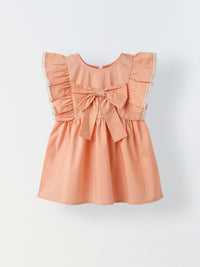 Infant Girls Peach Ruffled-Sleeve Cotton Dress