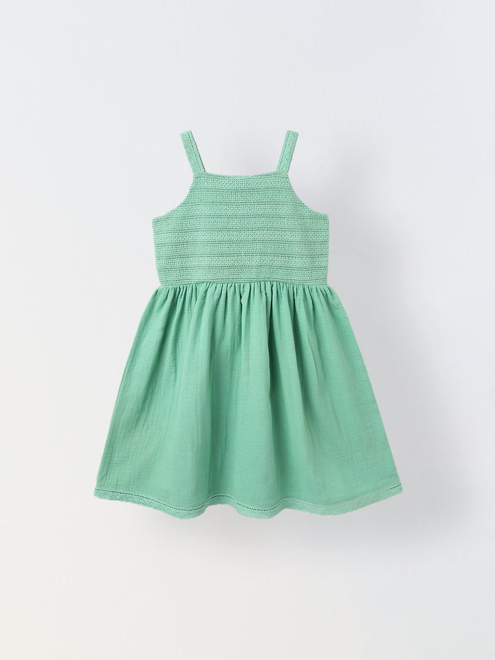 Girls Sea Green Cotton Smocked Bodice Dress