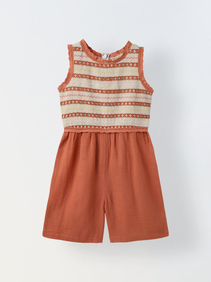 Girls Rust Cotton Embroidered Bodice Jumpsuit