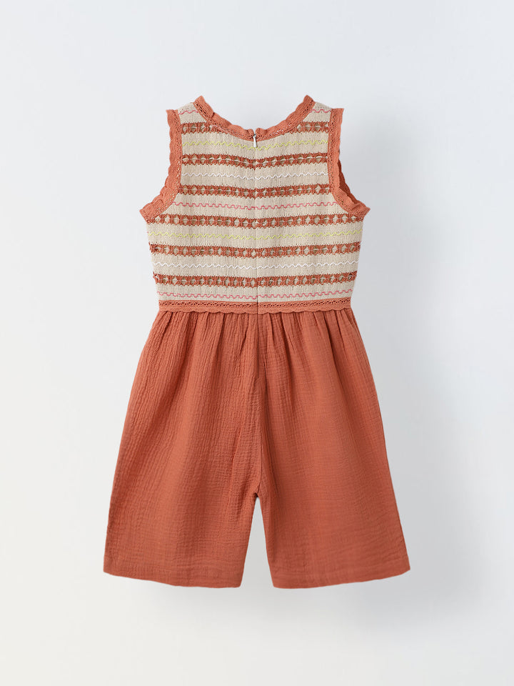 Girls Rust Cotton Embroidered Bodice Jumpsuit