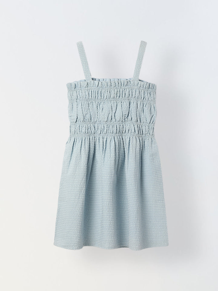 Light Blue Cotton Sleeveless Smocked Dress For Girls
