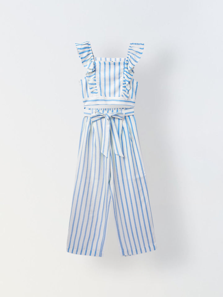 White/Blue Cotton Square Neck Stripe Co-Ord For  Girls