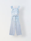 White/Blue Cotton Square Neck Stripe Co-Ord For  Girls