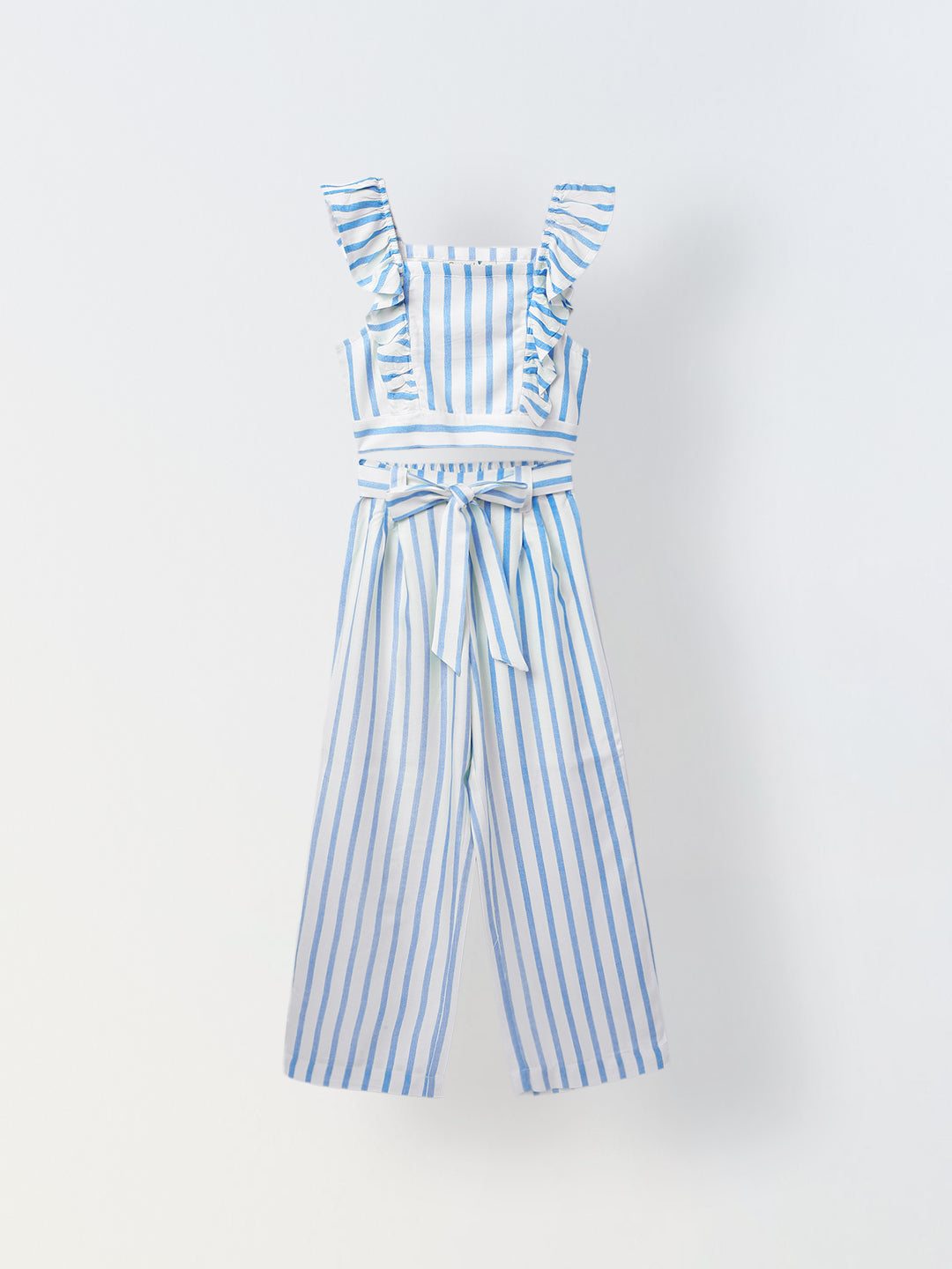 White/Blue Cotton Square Neck Stripe Co-Ord For  Girls
