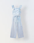White/Blue Cotton Square Neck Stripe Co-Ord For  Girls