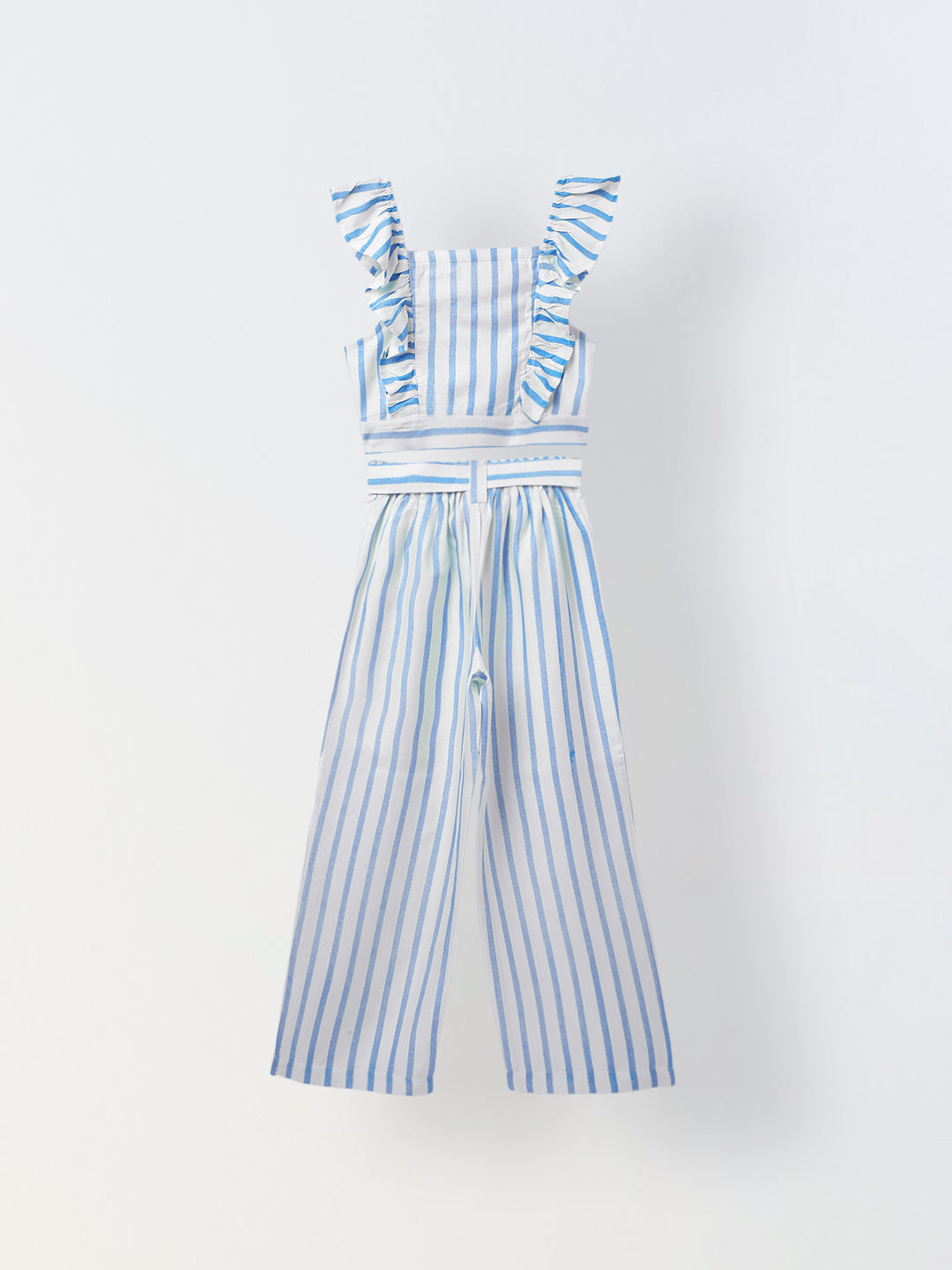 White/Blue Cotton Square Neck Stripe Co-Ord For  Girls