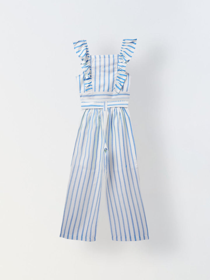 White/Blue Cotton Square Neck Stripe Co-Ord For  Girls