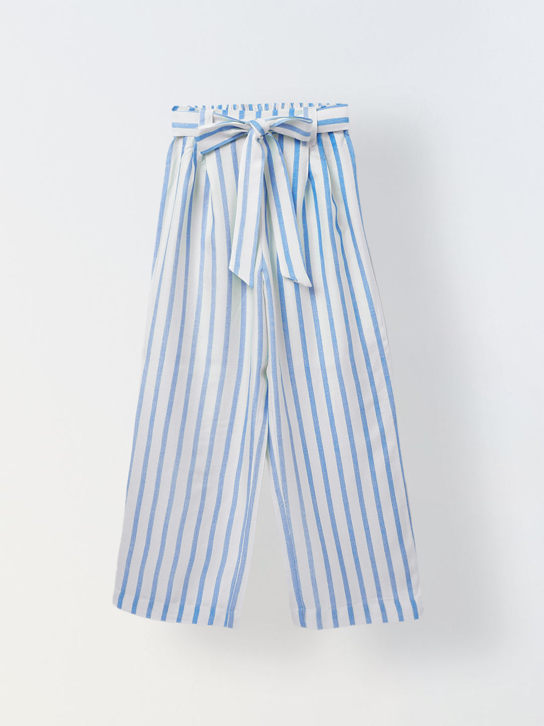 White/Blue Cotton Square Neck Stripe Co-Ord For  Girls