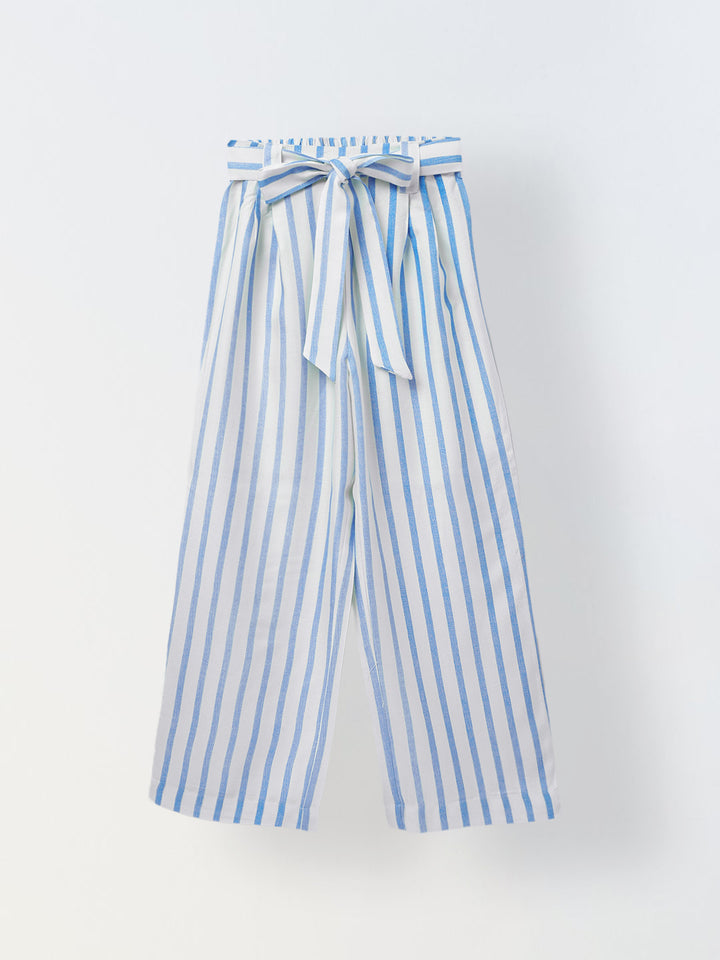 White/Blue Cotton Square Neck Stripe Co-Ord For  Girls