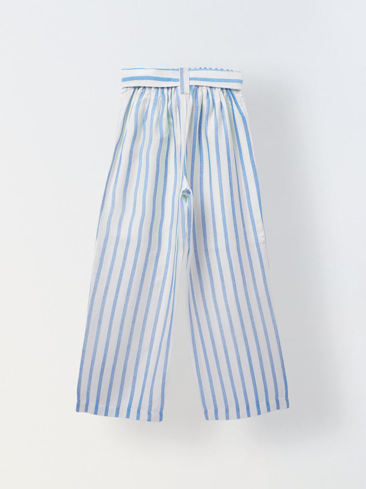 White/Blue Cotton Square Neck Stripe Co-Ord For  Girls