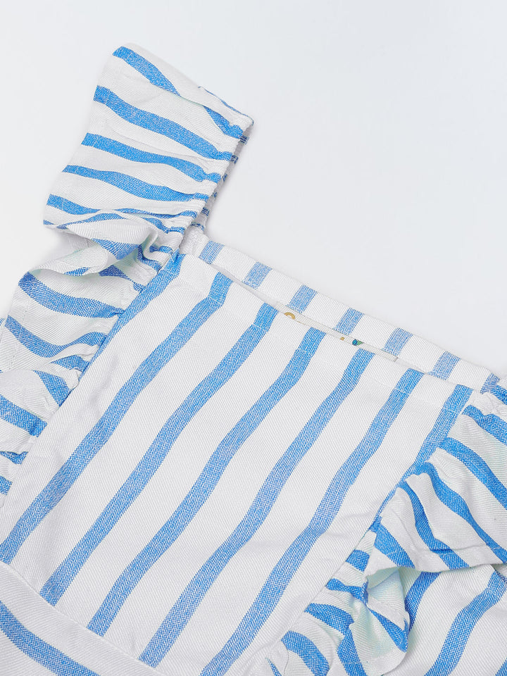 White/Blue Cotton Square Neck Stripe Co-Ord For  Girls